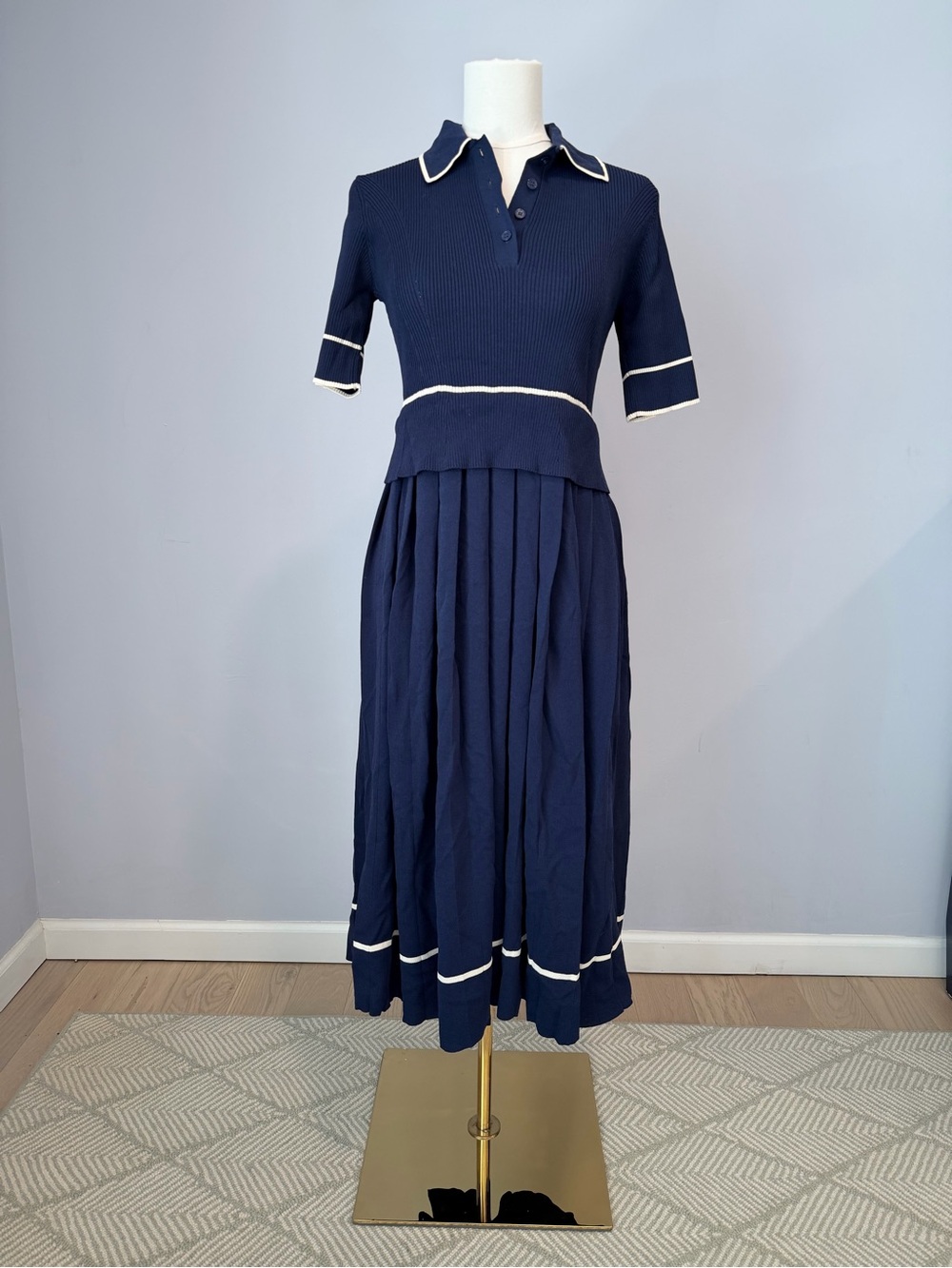 Shoshanna Navy Pleated Midi Polo Dress Cream Trim Size M